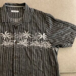 Tommy Bahama Shirt Mens XXL Grey Linen Embossed Jacquard Palm Tree Beach SS